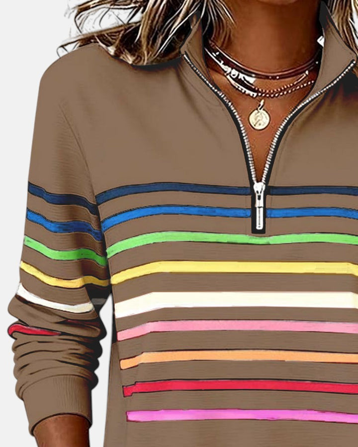 Camille striped quarter zip sweater in khaki, collar detail