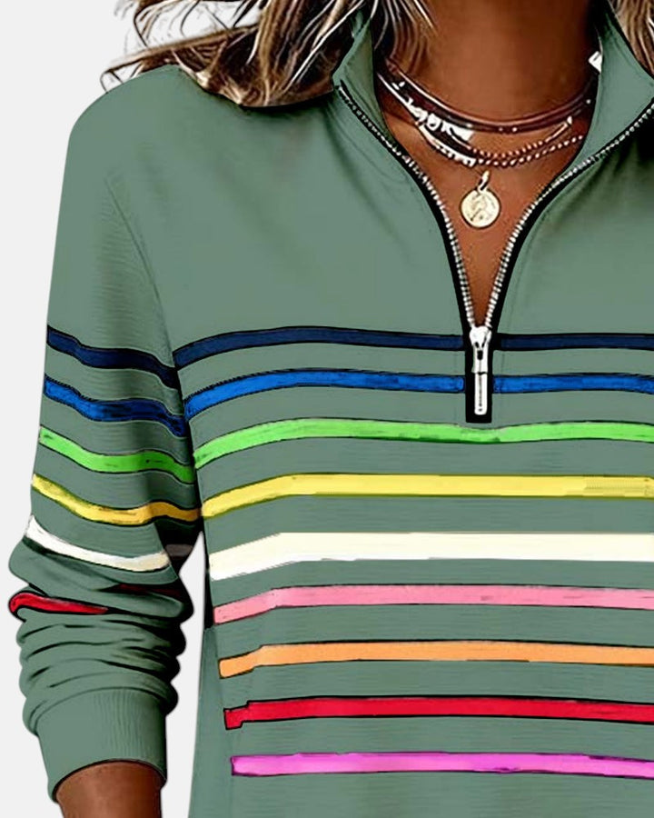 Camille striped quarter zip sweater in green, collar detail