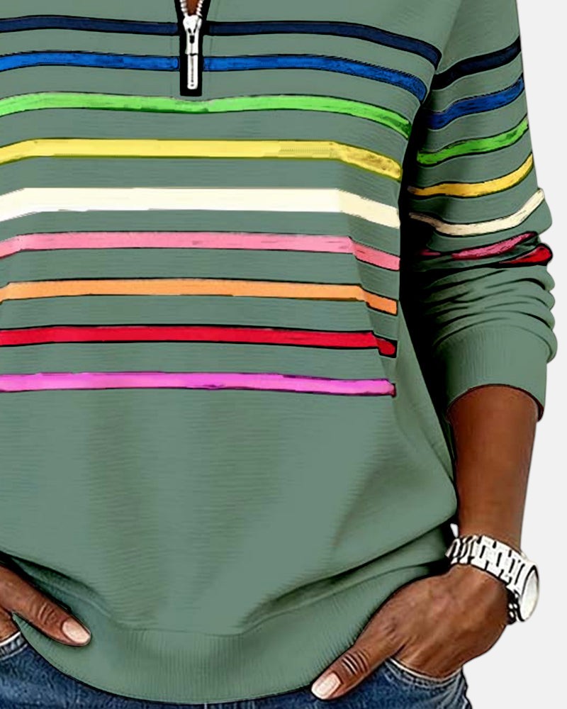 Camille striped quarter zip sweater in green, sleeve detail