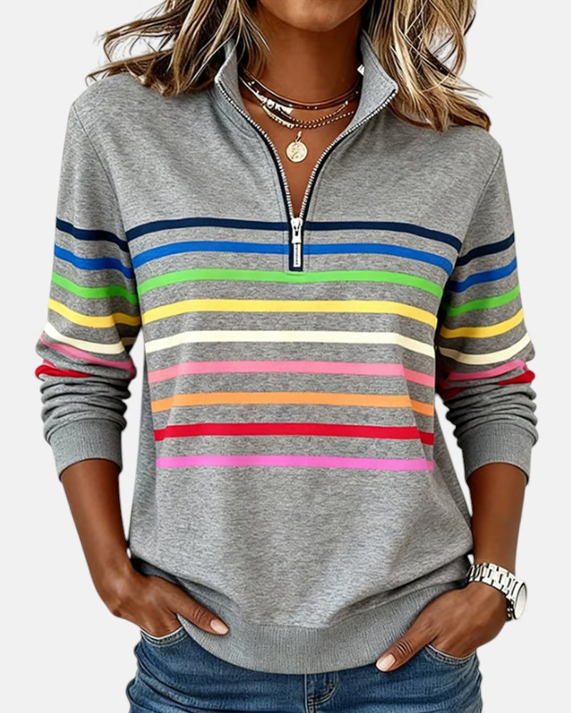 Camille striped quarter zip sweater in gray, close-up view