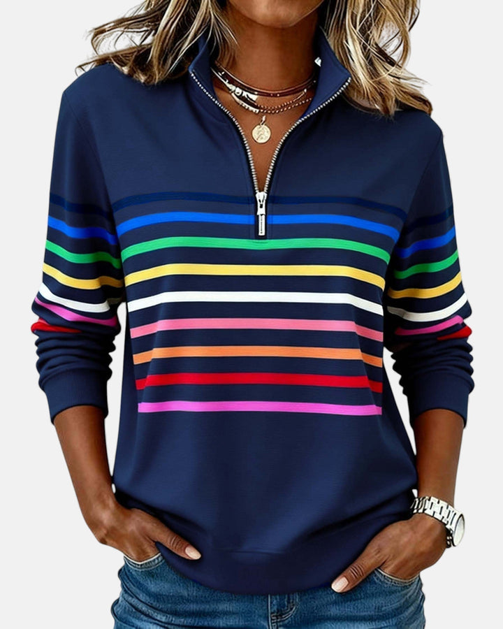 Camille striped quarter zip sweater in navy blue, front view