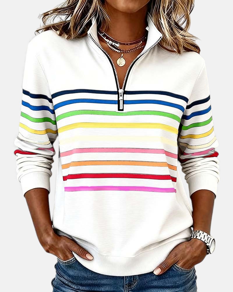 Camille striped quarter zip sweater in white, front view