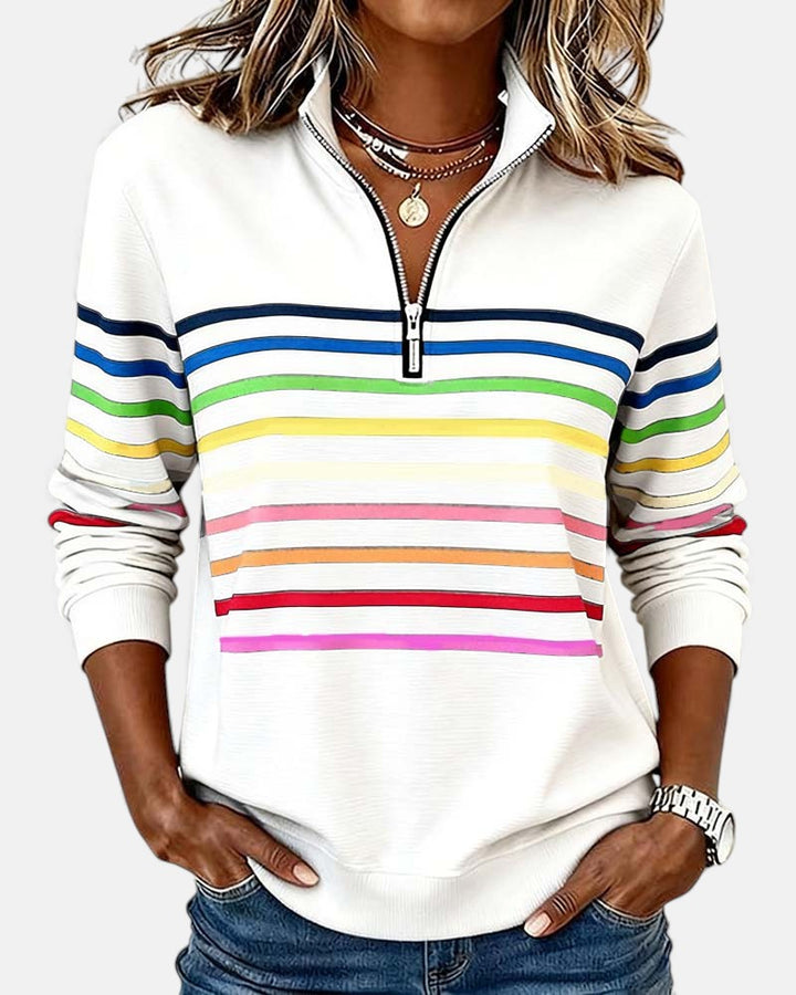 Camille striped quarter zip sweater in white, front view