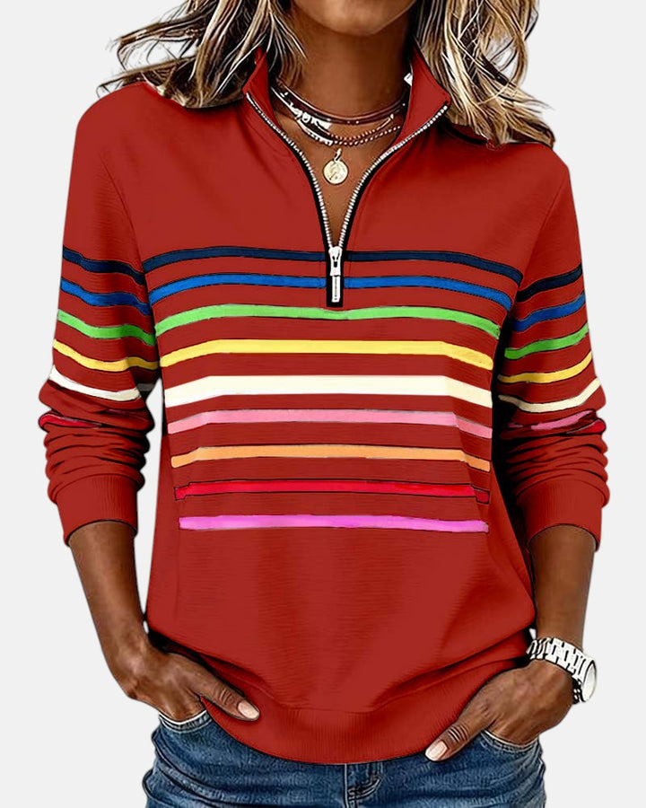 Camille striped quarter zip sweater in red, front view