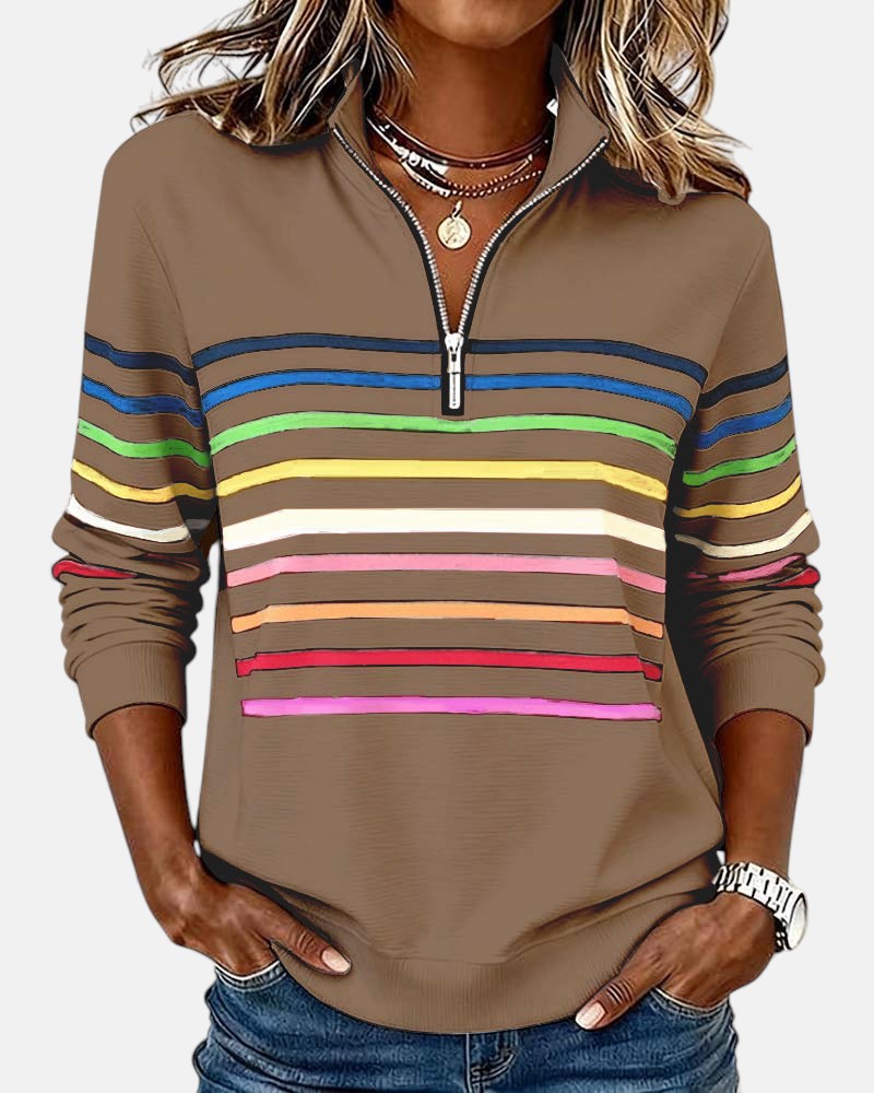 Camille striped quarter zip sweater in khaki, front view
