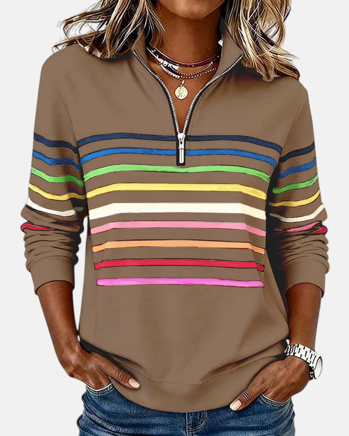 Camille striped quarter zip sweater in khaki, front view