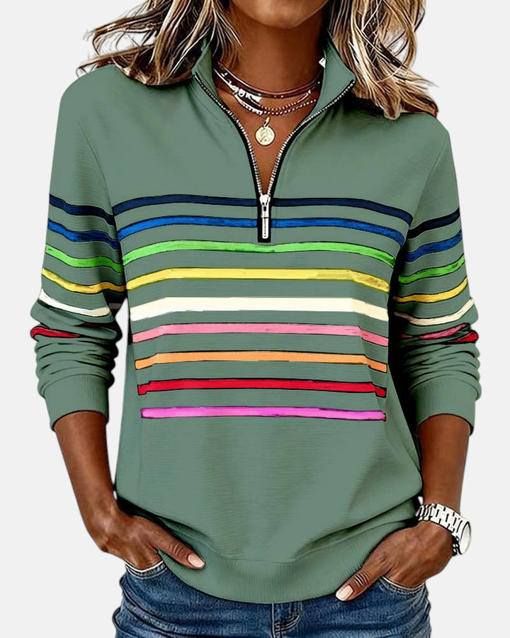 Camille striped quarter zip sweater in green, front view