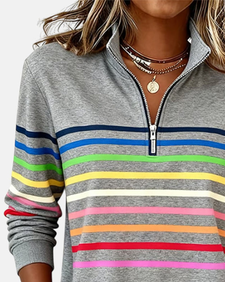Camille striped quarter zip sweater in gray, collar detail