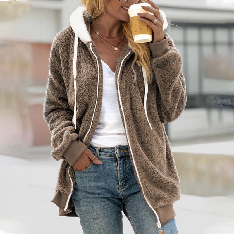 Camille taupe hooded zip-up teddy coat, front view