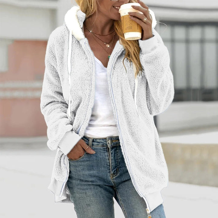 Camille white hooded zip-up teddy coat, front view