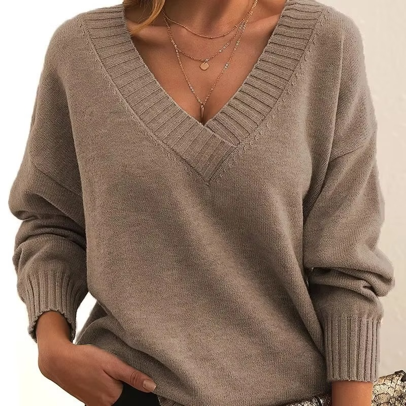 Cassandra oversized V-neck knit sweater in khaki, front close-up view