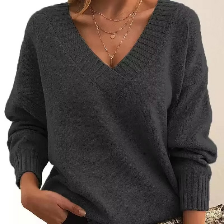 Cassandra oversized V-neck knit sweater in dusty pink, front close-up view