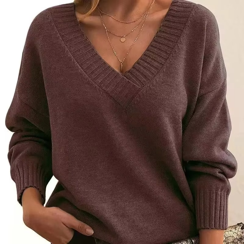 Cassandra oversized V-neck knit sweater in coffee brown, front close-up view