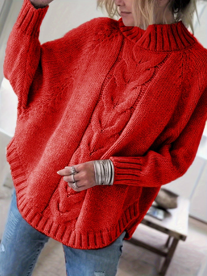 Colette oversized cable-knit sweater in red, front view close up