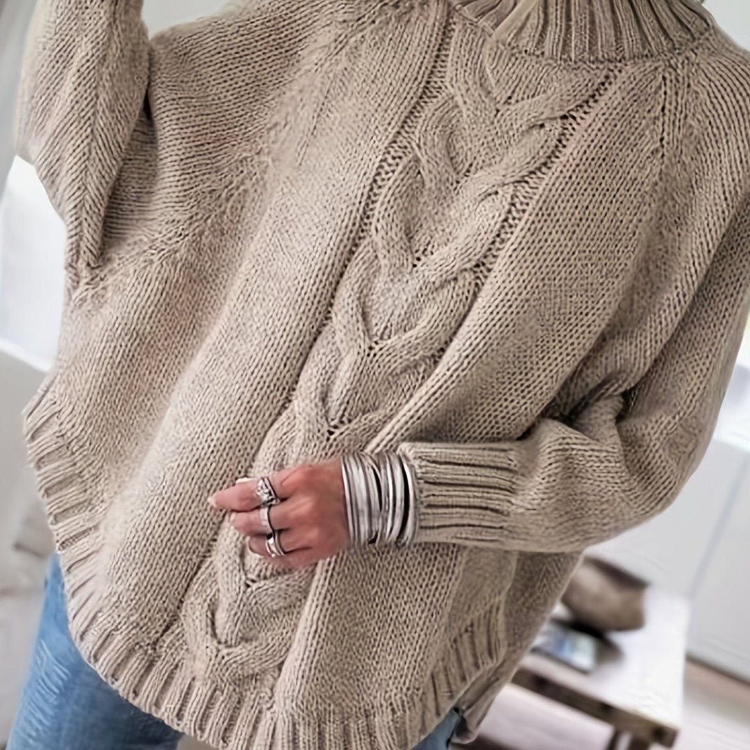 Colette oversized cable-knit sweater in khaki, back detail close up