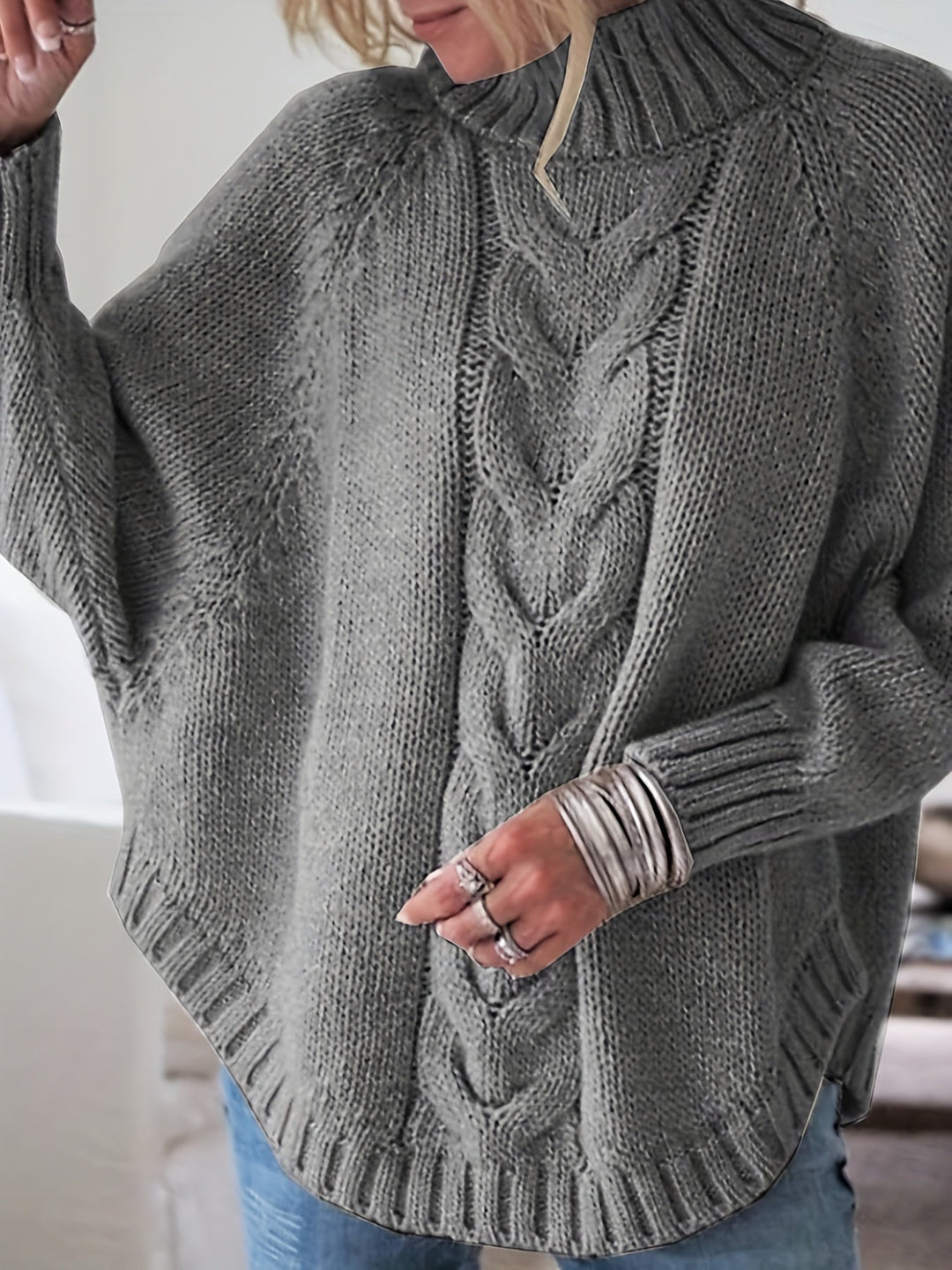 Colette oversized cable-knit sweater in gray, front view close up