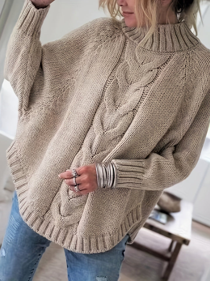 Colette oversized cable-knit sweater in khaki, front view close up