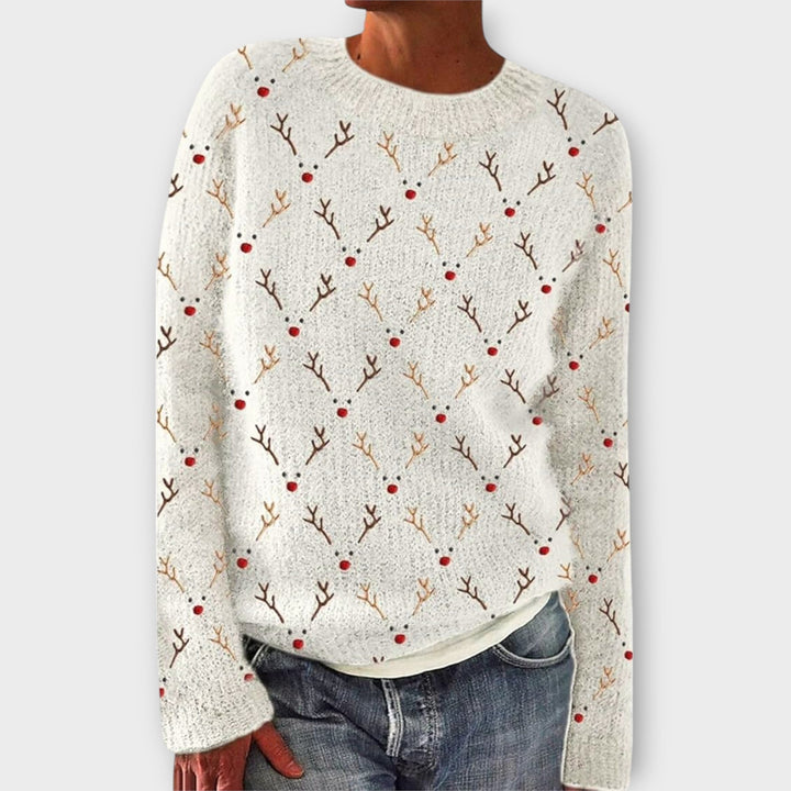 Colette reindeer print crew neck sweater in white, front view
