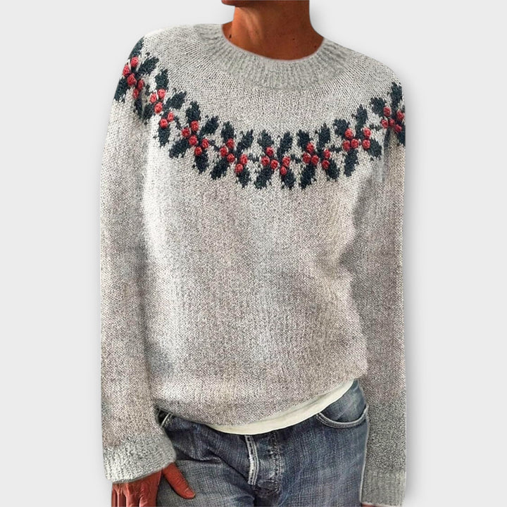 Colette holiday knit sweater with floral berry trim in gray, front view
