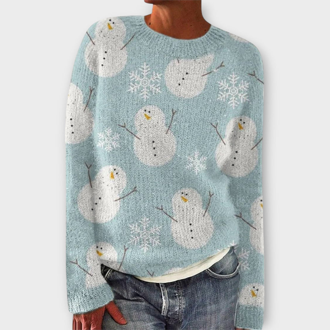 Colette snowman print crew neck sweater in light blue, front view