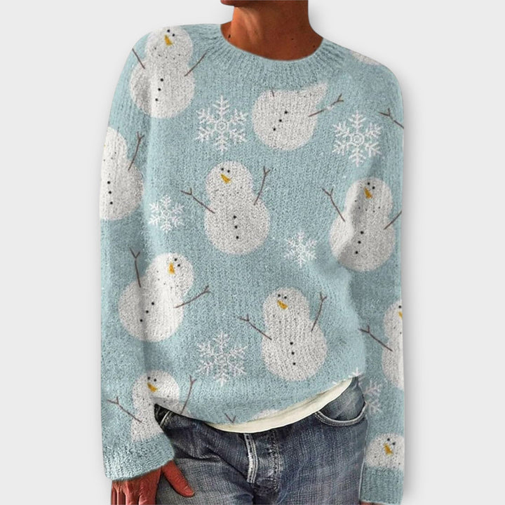 Colette snowman print crew neck sweater in light blue, front view