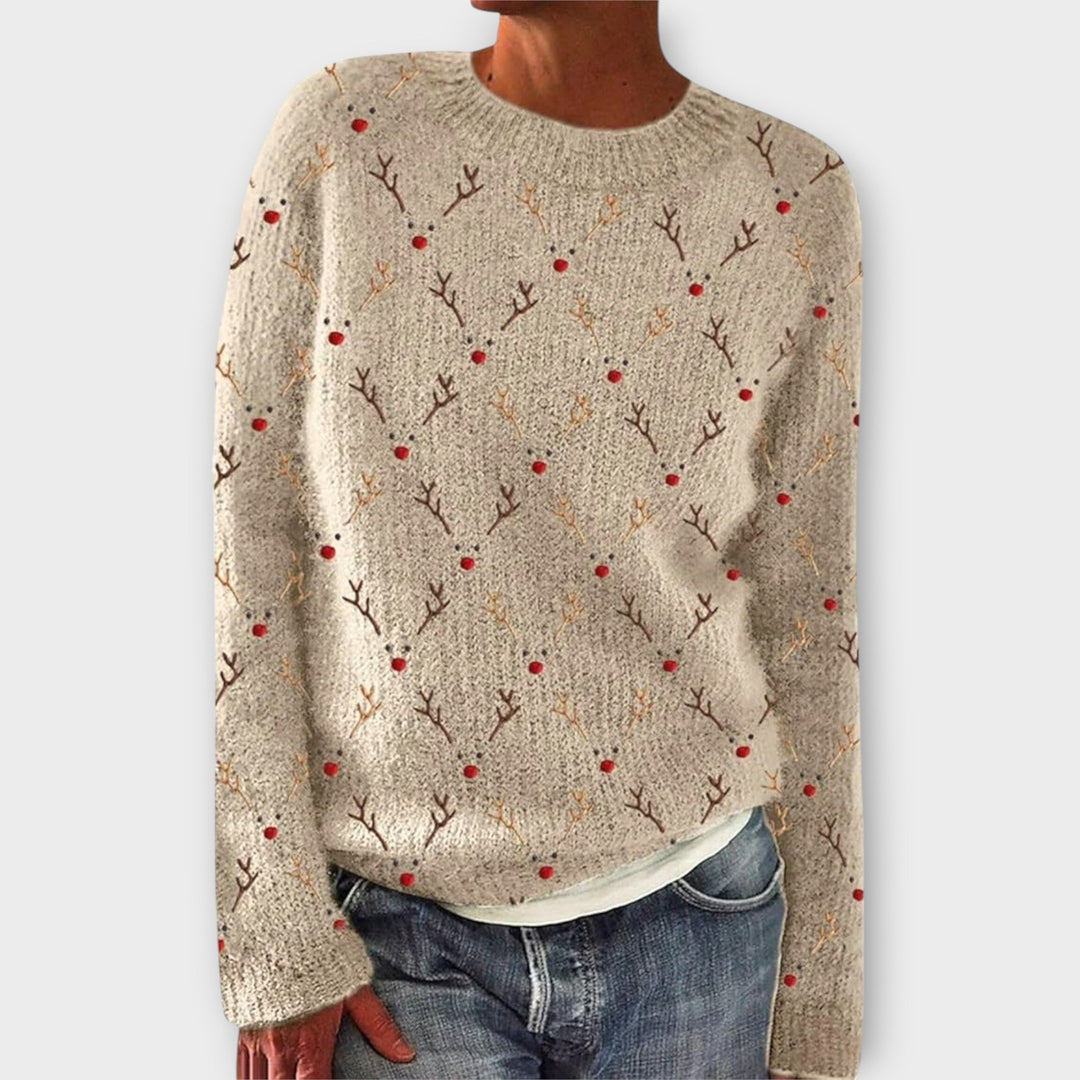Colette reindeer print crew neck sweater in beige, front view