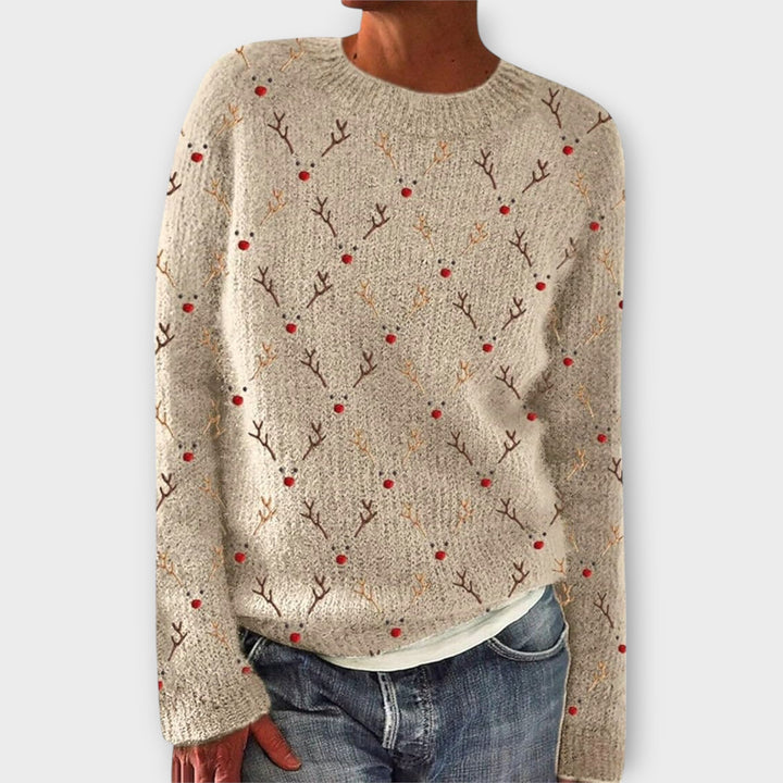 Colette reindeer print crew neck sweater in beige, front view