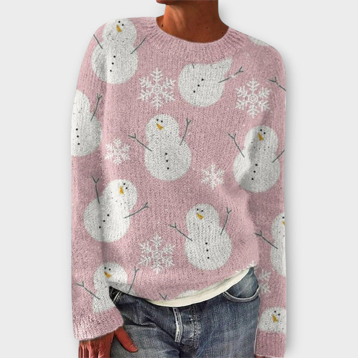 Colette snowman print crew neck sweater in pink, front view