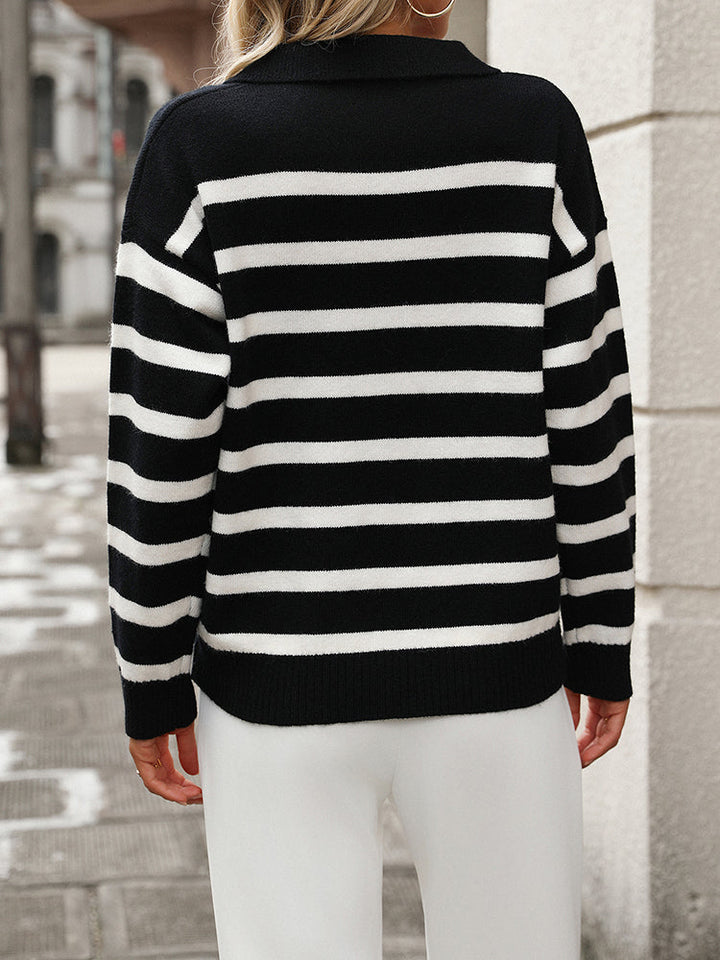 Coraline black and white striped collared sweater, back view