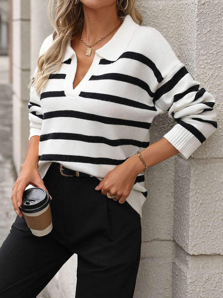 Coraline black and white striped collared sweater, back view