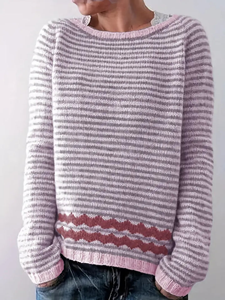 Coraline striped pullover sweater with pink zigzag hem, front view