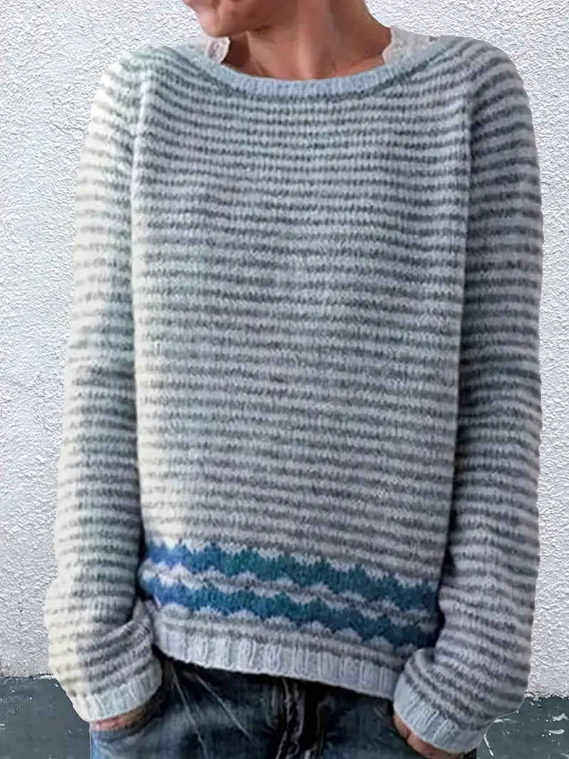 Coraline striped pullover sweater with blue zigzag hem, front view