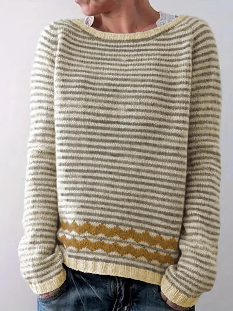 Coraline striped pullover sweater with yellow zigzag hem, front view