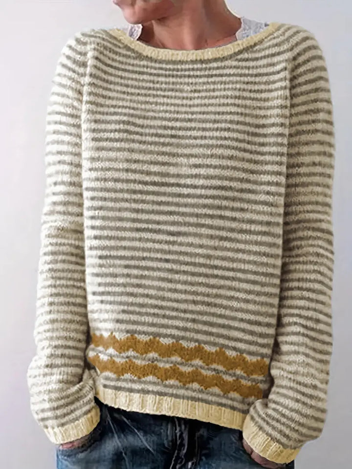 Coraline striped pullover sweater with yellow zigzag hem, front view