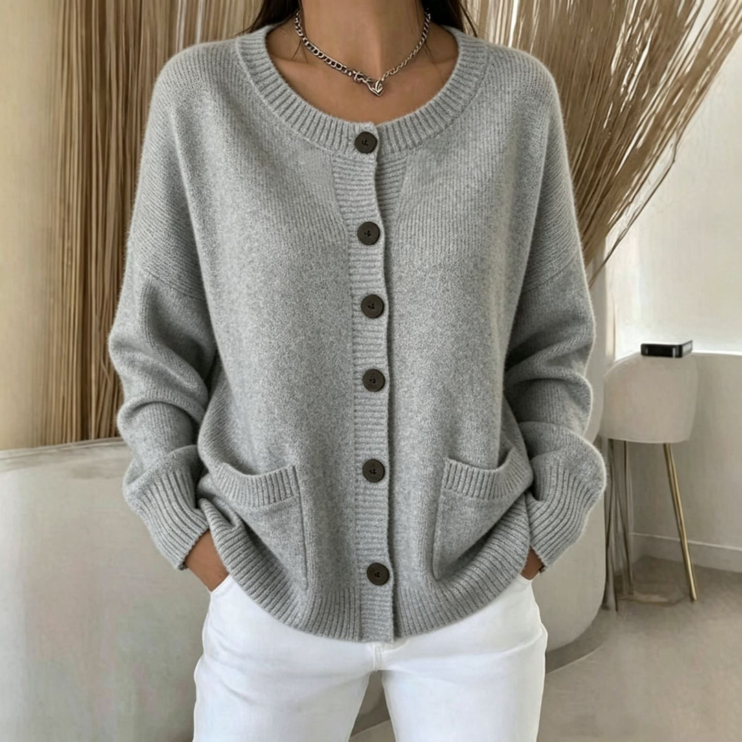 Cordelia button front pocket cardigan in gray, front view