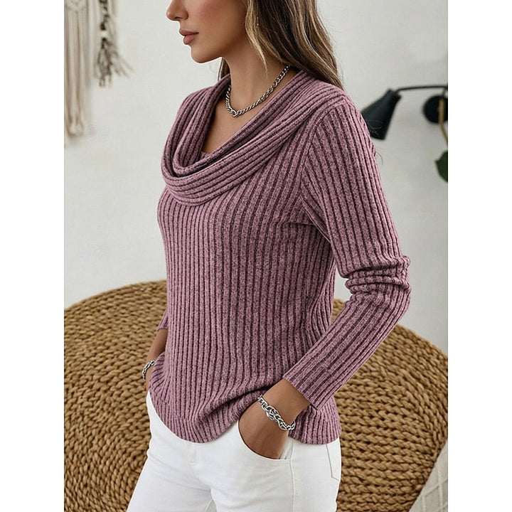 Cordelia cowl neck ribbed knit sweater in peacock blue, front view
