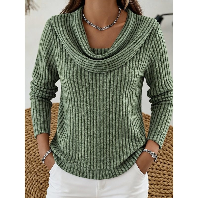 Cordelia cowl neck ribbed knit sweater in green, close-up front view