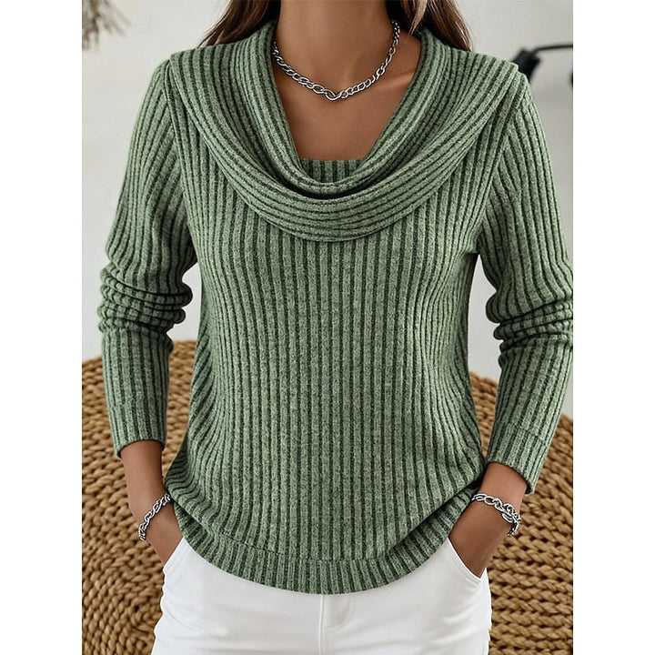 Cordelia cowl neck ribbed knit sweater in green, close-up front view