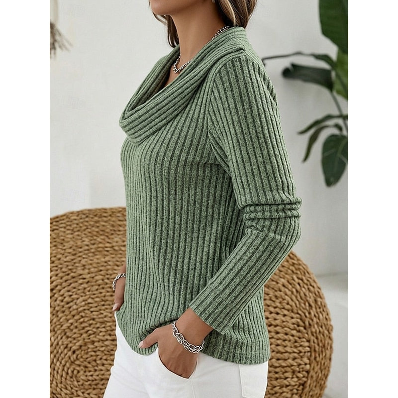 Cordelia cowl neck ribbed knit sweater in green, side view