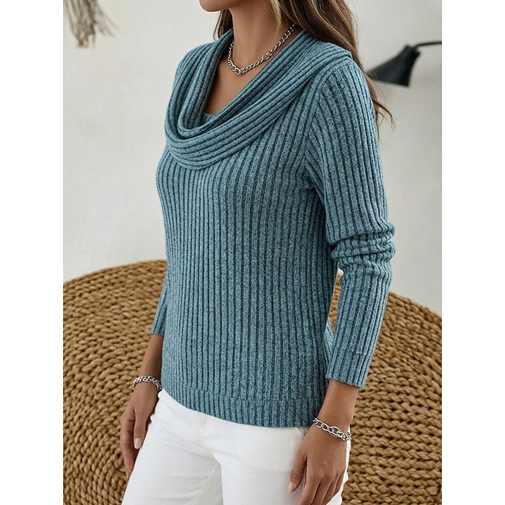 Cordelia cowl neck ribbed knit sweater in peacock blue, front view