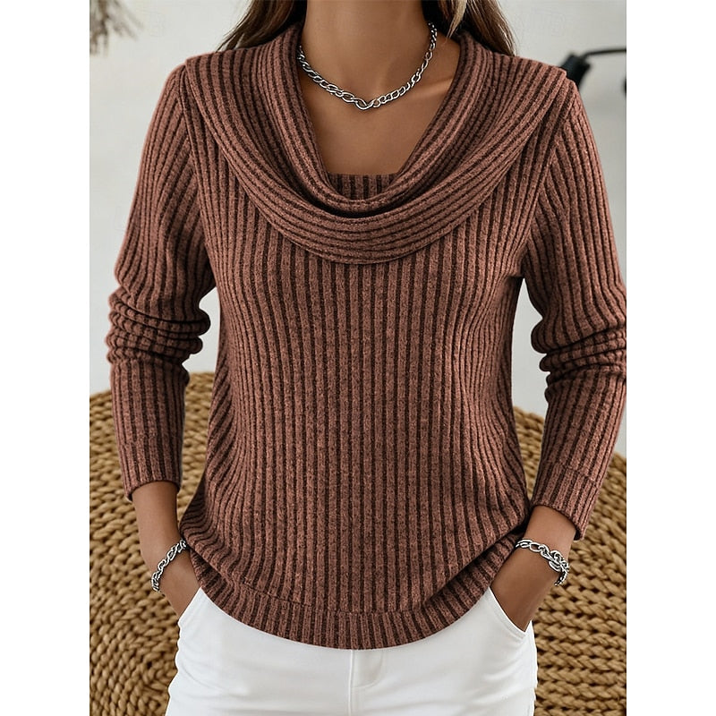Cordelia cowl neck ribbed knit sweater in peacock blue, front view