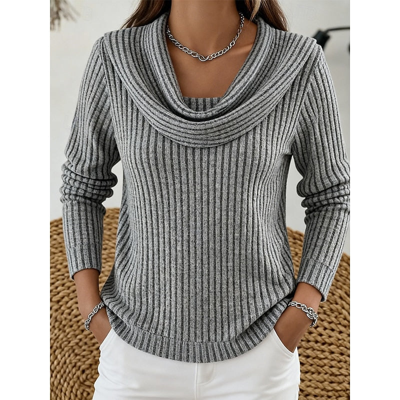Cordelia cowl neck ribbed knit sweater in peacock blue, front view