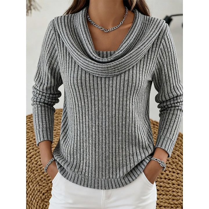 Cordelia cowl neck ribbed knit sweater in peacock blue, front view