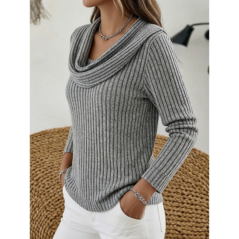 Cordelia cowl neck ribbed knit sweater in peacock blue, front view