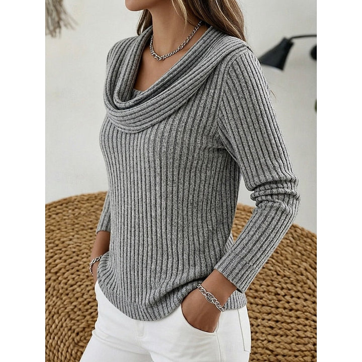Cordelia cowl neck ribbed knit sweater in peacock blue, front view