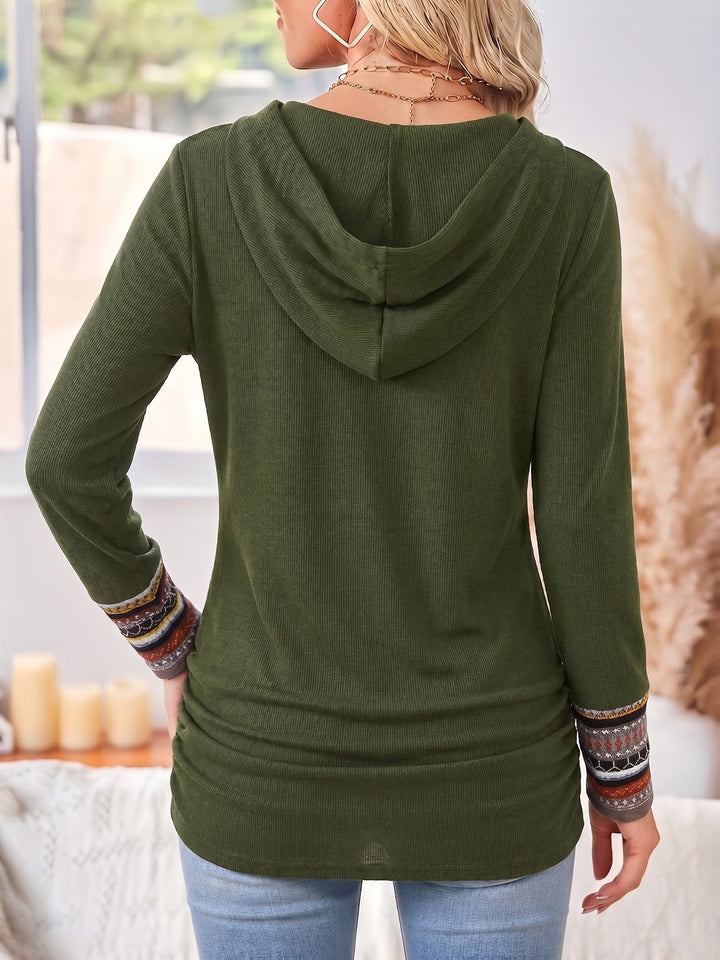 Cordelia patchwork trim cowl hoodie, side angle view