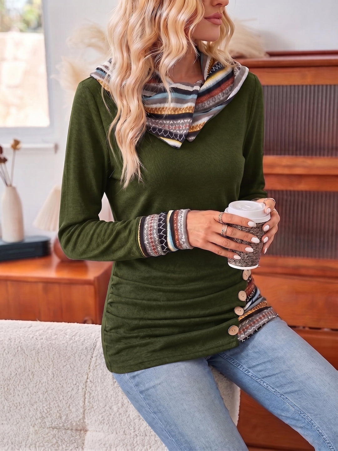 Cordelia patchwork trim cowl hoodie, side angle view
