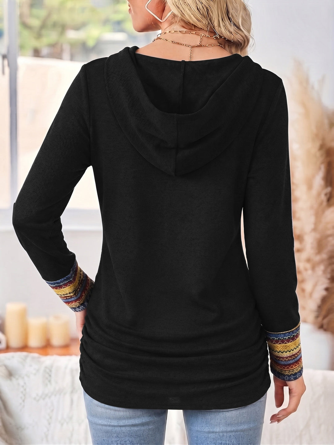 Cordelia patchwork trim cowl hoodie, back view showing hood