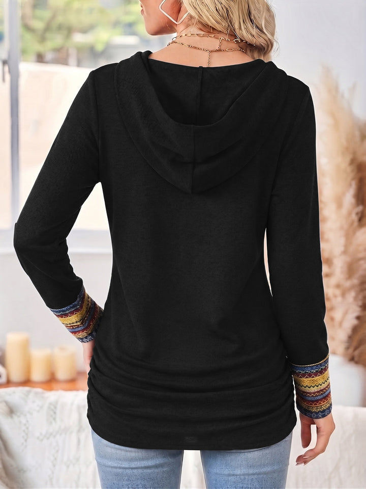 Cordelia patchwork trim cowl hoodie, back view showing hood