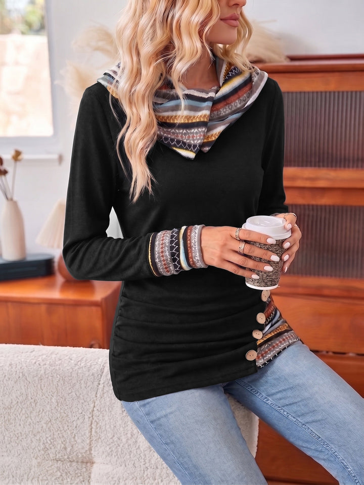 Cordelia patchwork trim cowl hoodie, side angle view